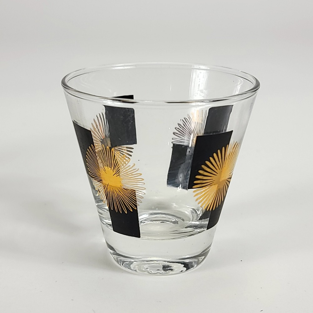 Vintage MCM Atomic Double Shot Glasses Black Block Gold Starburst Set of 2‎